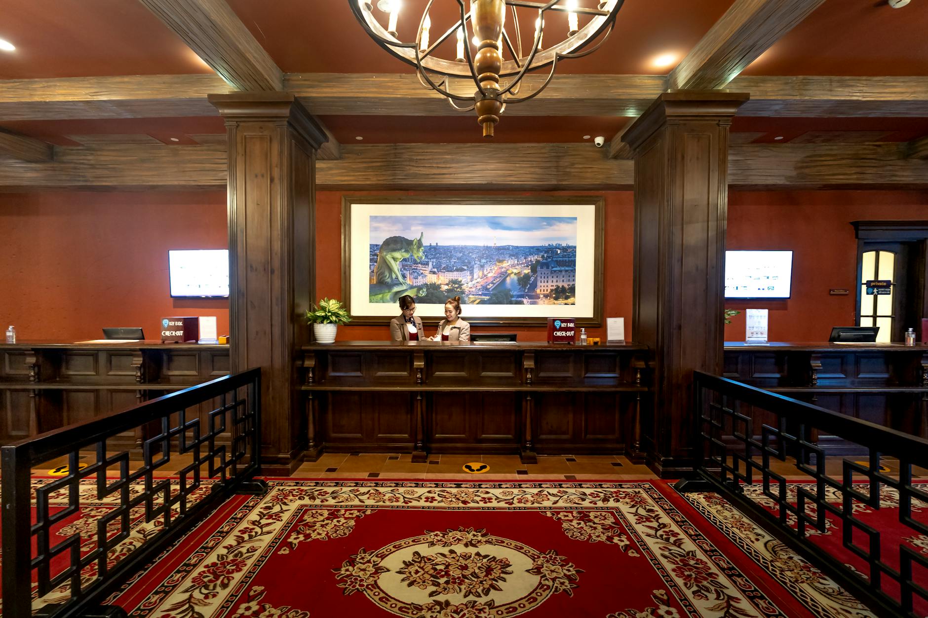 Hotel lobby family check in