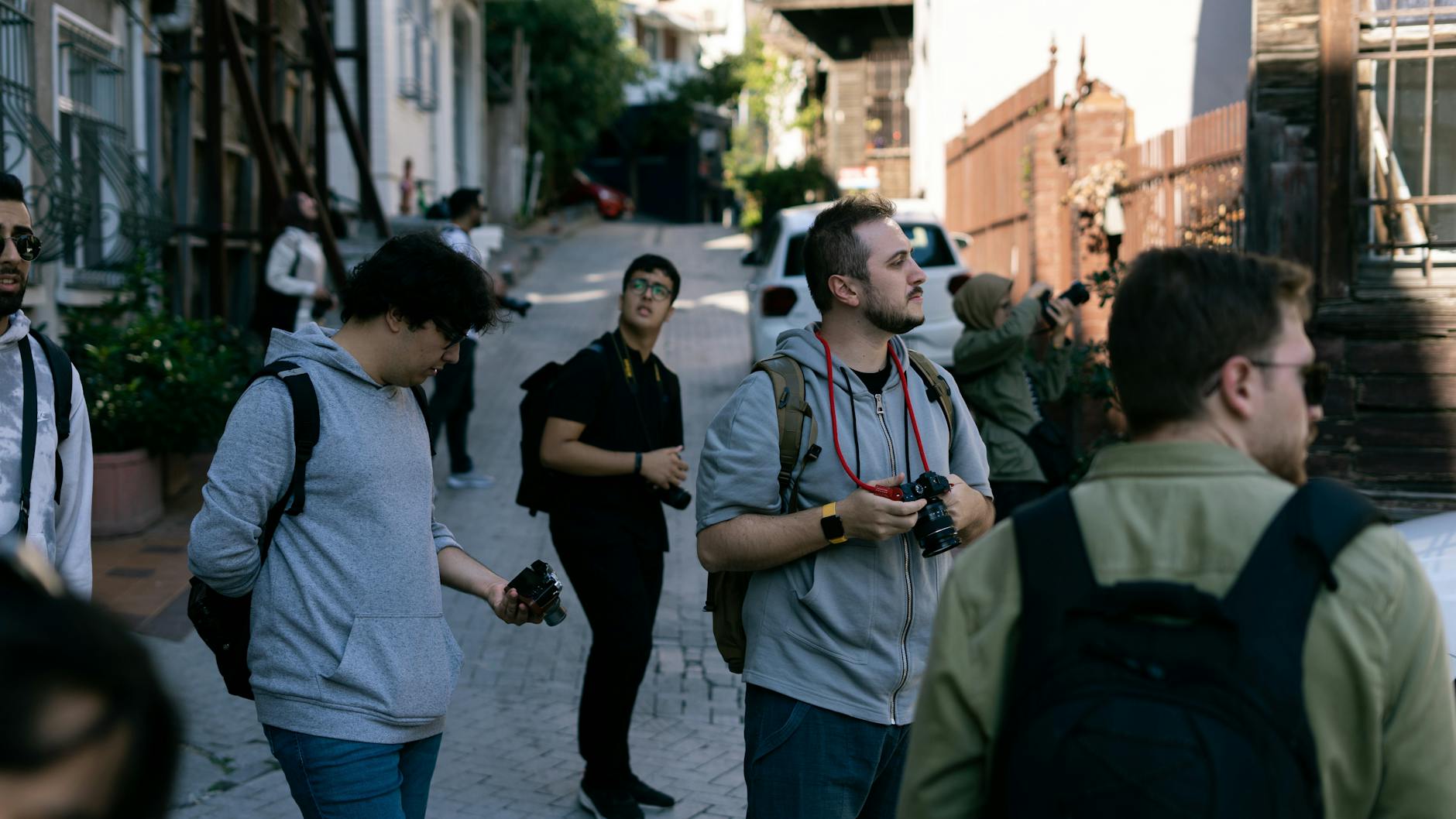 Walking tour group exploring city