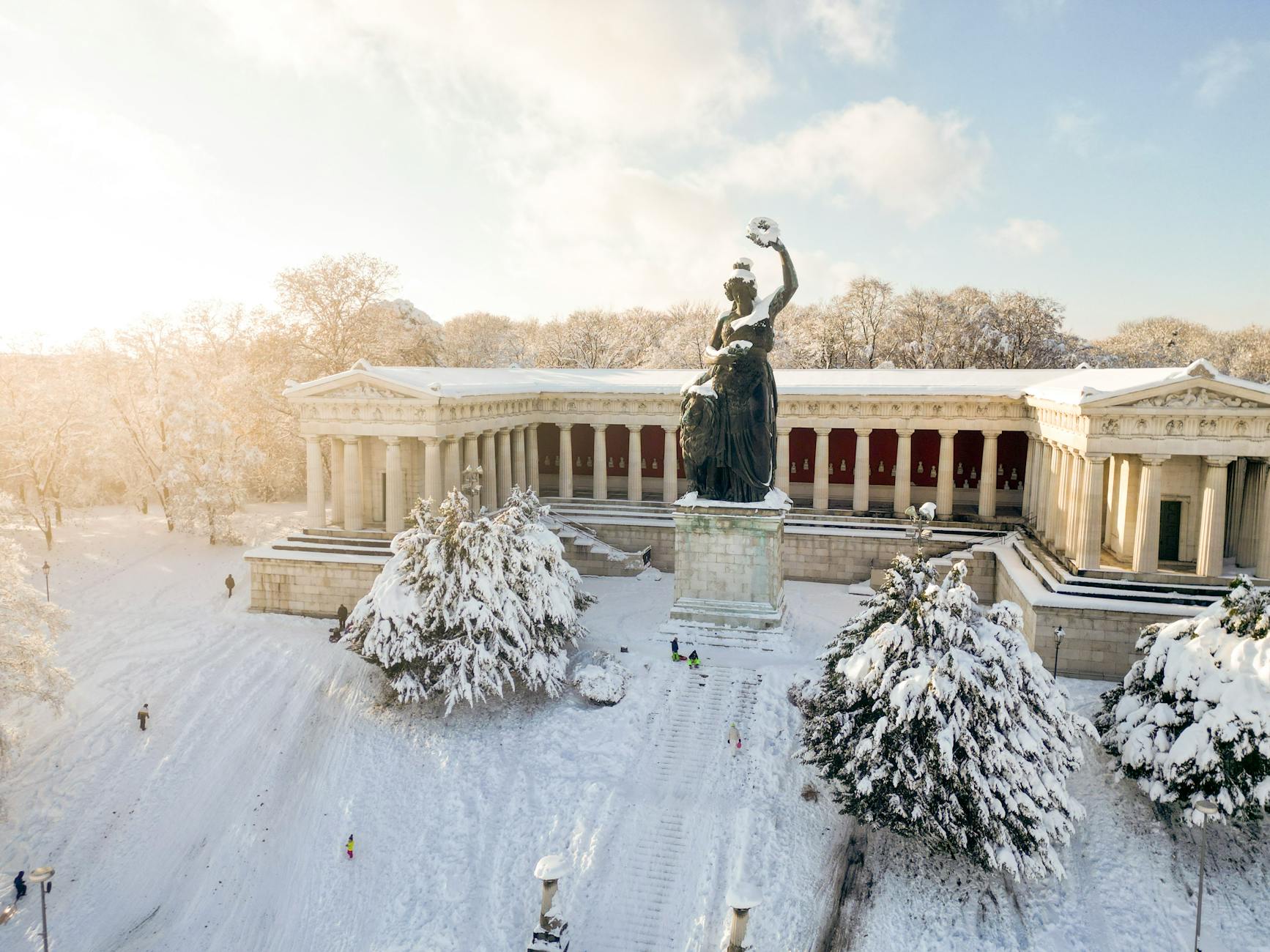 Aerial view of the Theresienwiese and Bavaria statue during Oktoberfest