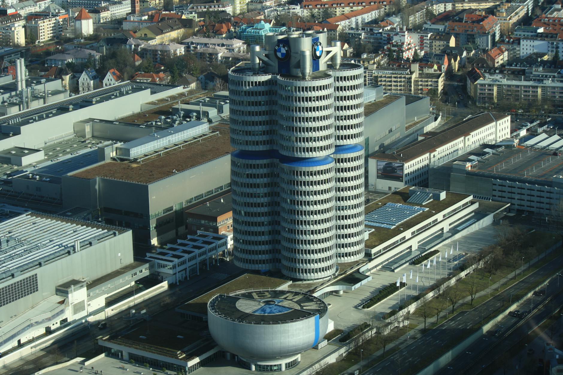 BMW Welt and BMW Vierzylinder tower seen from Olympiapark after Munich 1972 Olympics