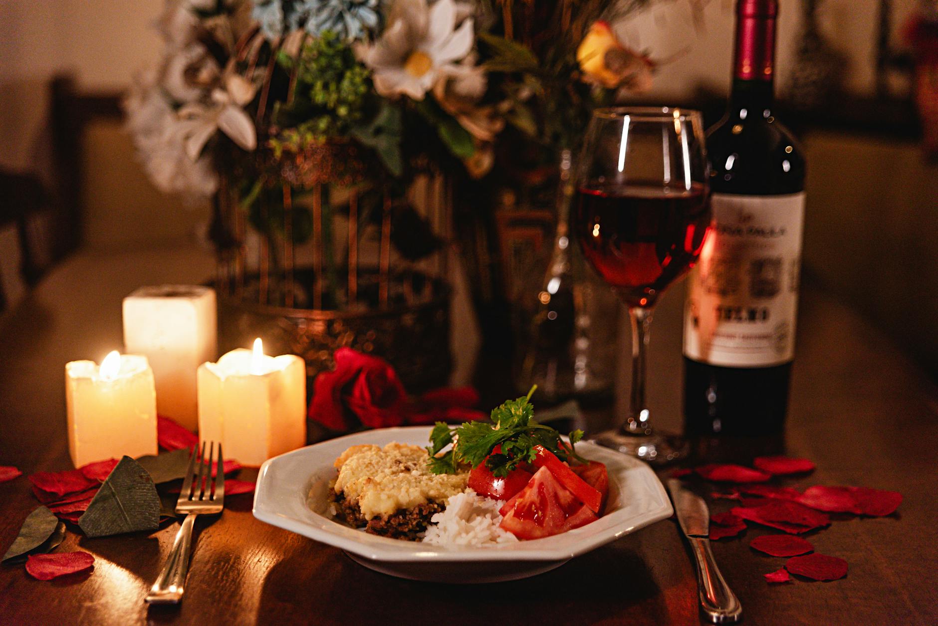 Romantic dinner Munich candlelit table for two with wine