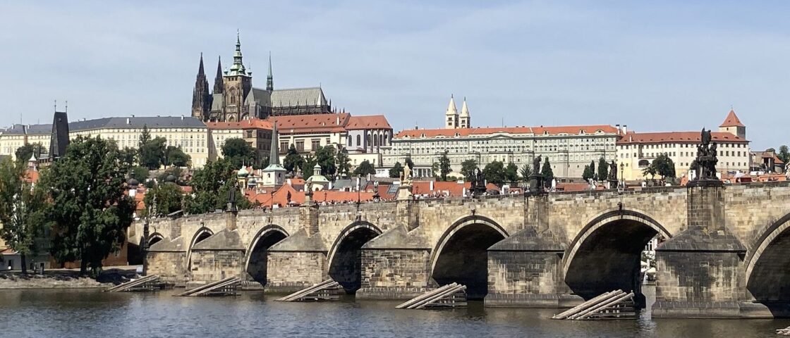 Charles Bridge across the Vltava with Prague Castle and St Vitus Cathedral above
